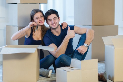 Moving team handling boxes safely with a van nearby