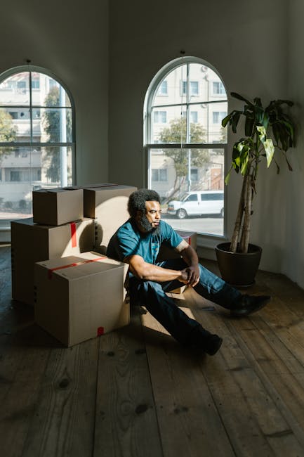 A man with curly hair and medium skin tone, wearing a teal shirt and jeans, is sitting on the floor inside a well-lit room with wooden flooring. He is surrounded by several cardboard boxes, some sealed with red tape, and appears to be taking a break during a home relocation process. The room has large, arched windows with black frames, through which a street with parked cars and buildings are visible, indicating daytime. A tall, leafy plant in a large black planter is positioned next to the window, adding greenery to the space. The scene suggests the loading or packing stage of furniture transport, embodying the logistics of packing and moving services provided by companies like Man with Van Woodlands. The natural light coming through the windows highlights the interior environment prepared for a house removal, with the furniture and boxes awaiting transportation.